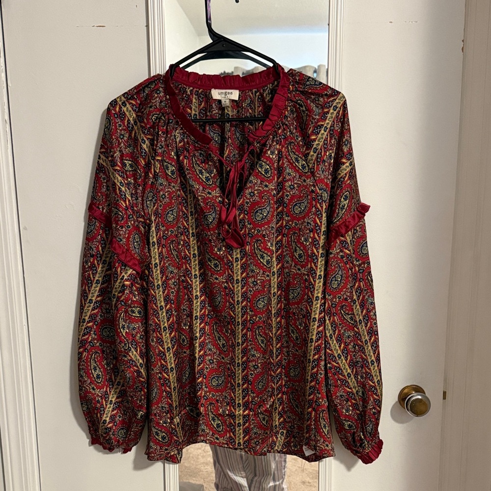 Umgee Burgundy Paisley Ruffle Tie-Neck Blouse
